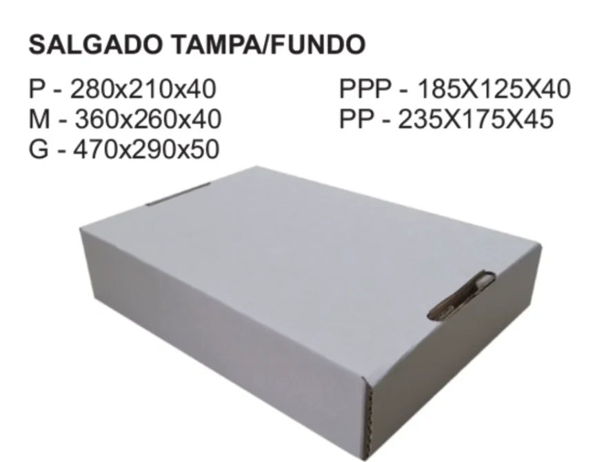 Caixa Salgado Tampa/Fundo Tamanhos PPP, PP, P, M, G